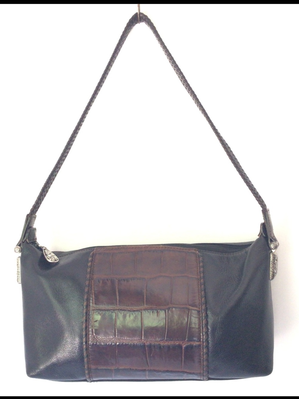 VTG Brighton Black & Brown Leather Croc Embossed Shoulder Bag  Great Condition